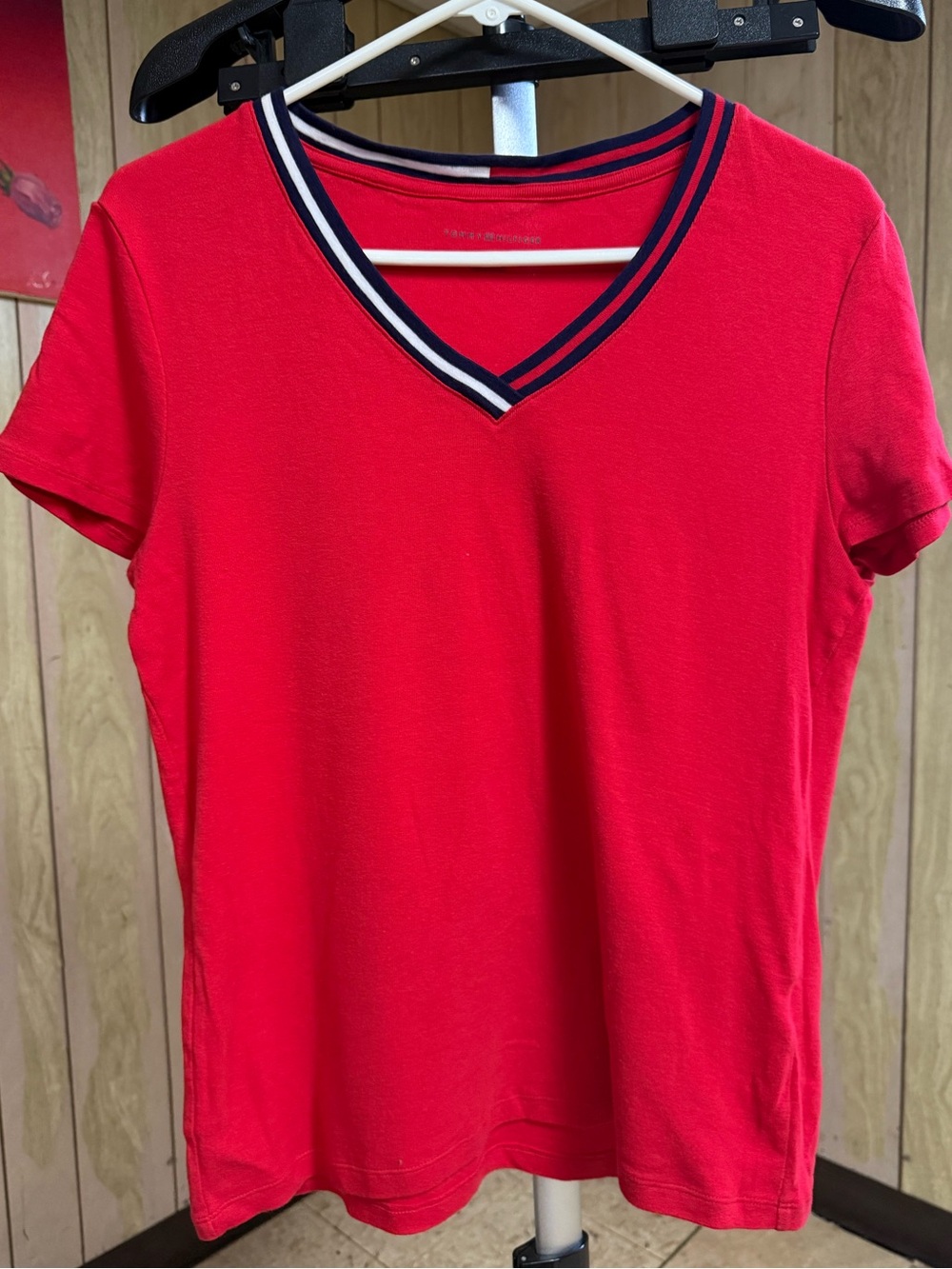 Tommy Hilfiger Red V-Neck Short Sleeve Top with Navy & White Trim